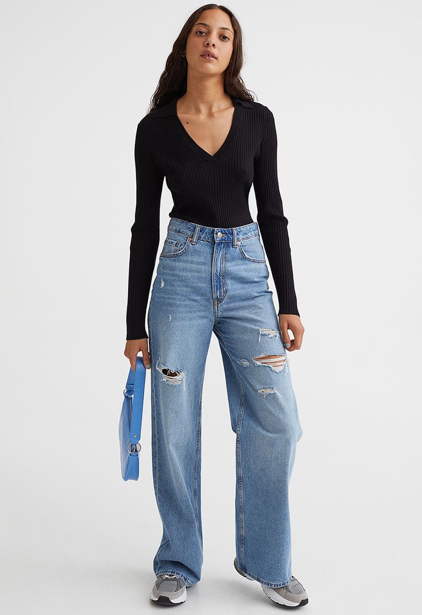 H&M - Collared rib-knit top - black
