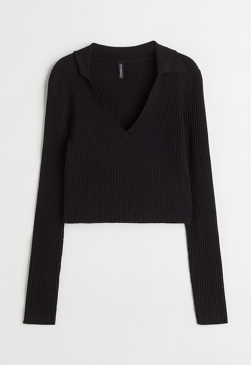 H&M - Collared rib-knit top - black