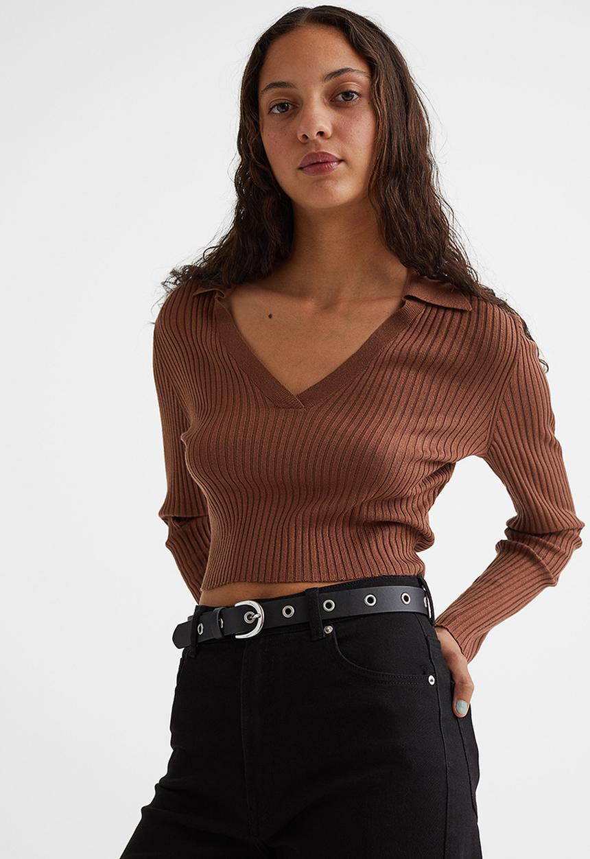H&M - Collared rib-knit top - brown