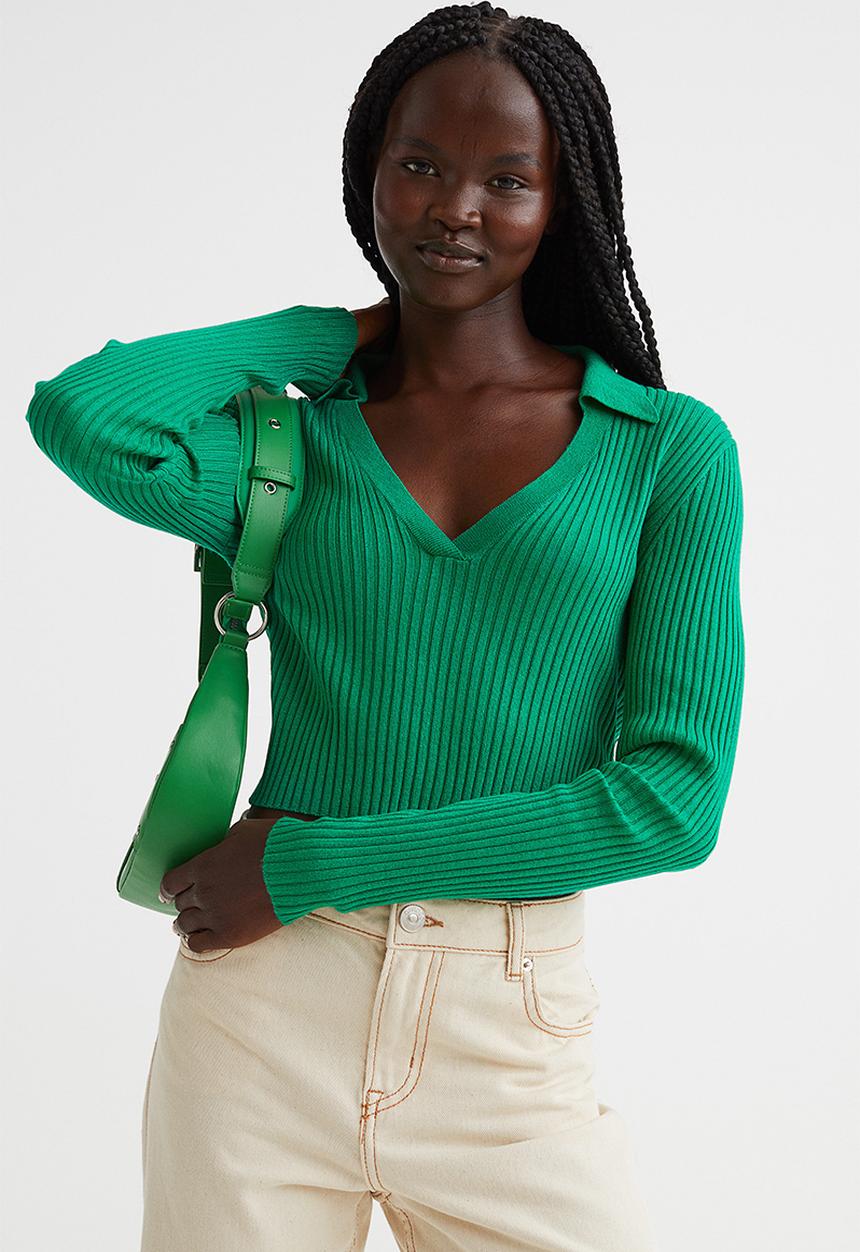 H&M - Collared rib-knit top - green