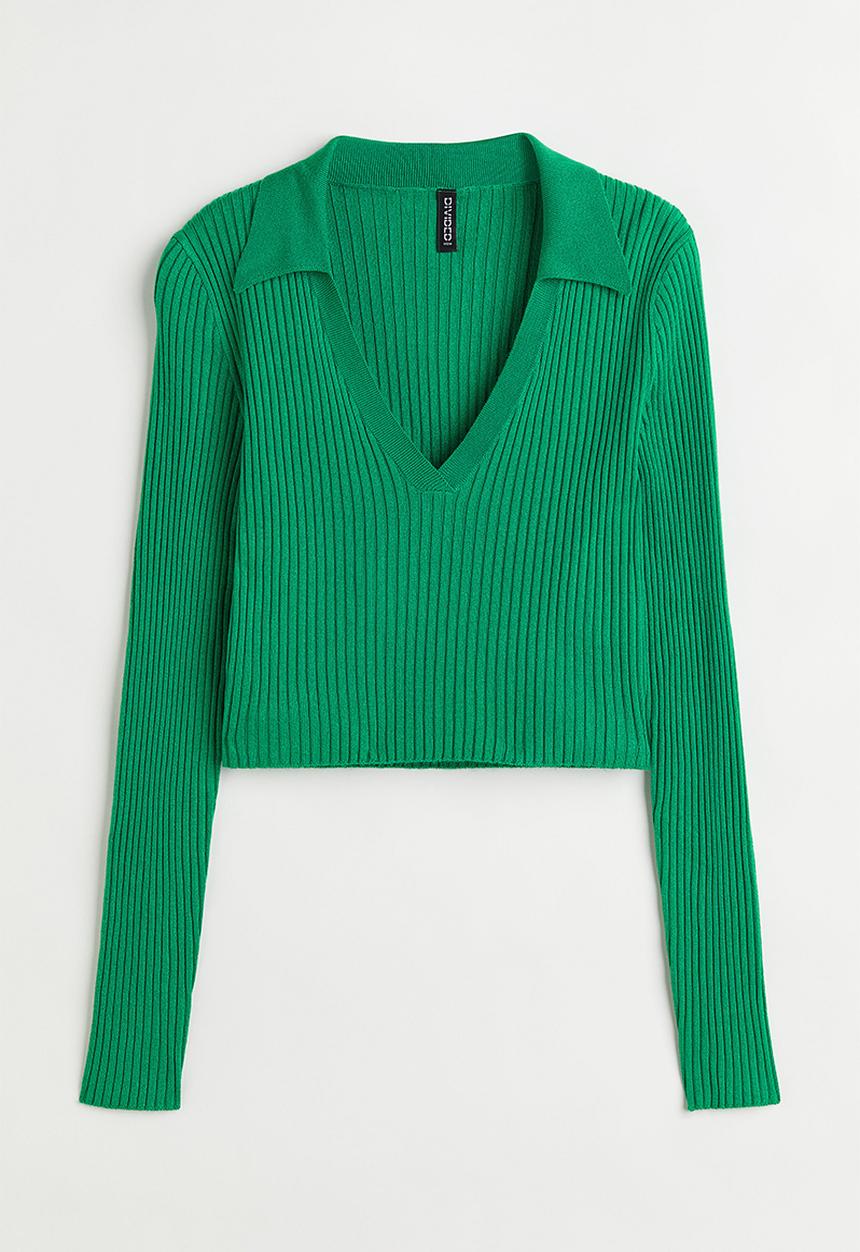 H&M - Collared rib-knit top - green