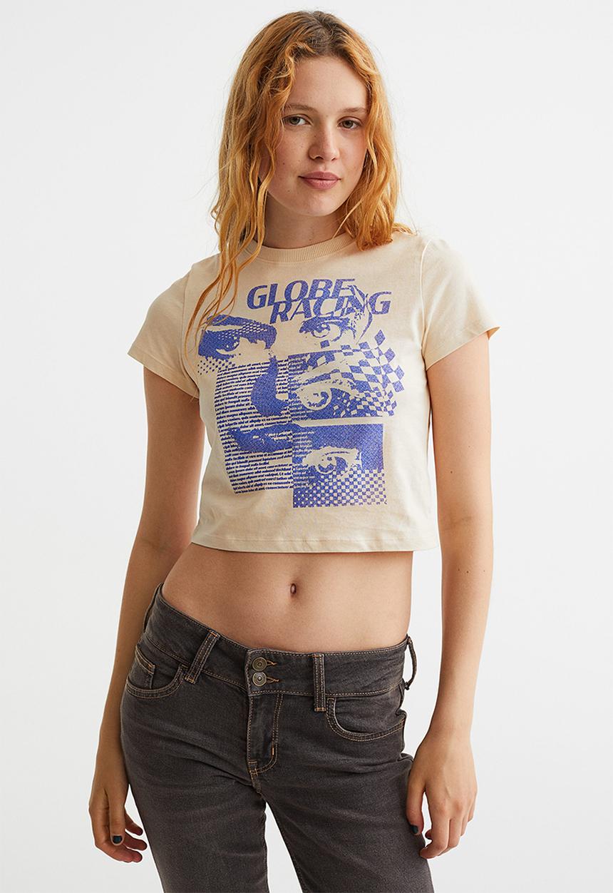 H&M - Cropped printed T-shirt - light beige/globe racing