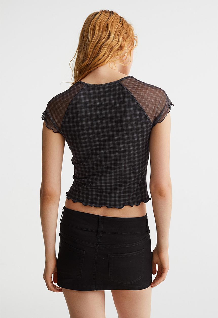 H&M - Lace-trimmed mesh top - black/checked