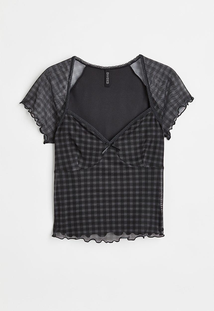 H&M - Lace-trimmed mesh top - black/checked