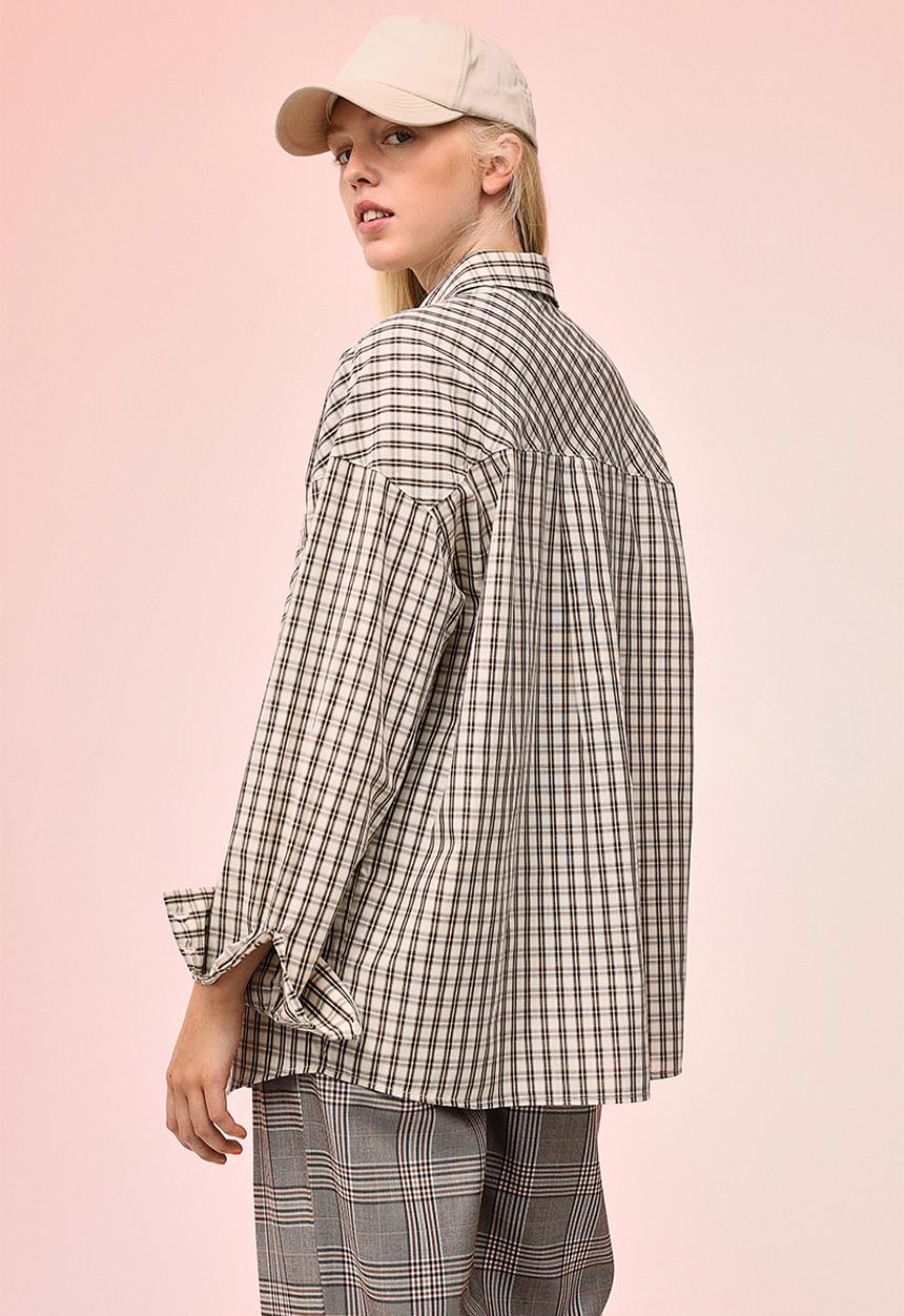 H&M - Oversized cotton shirt - light beige/checked