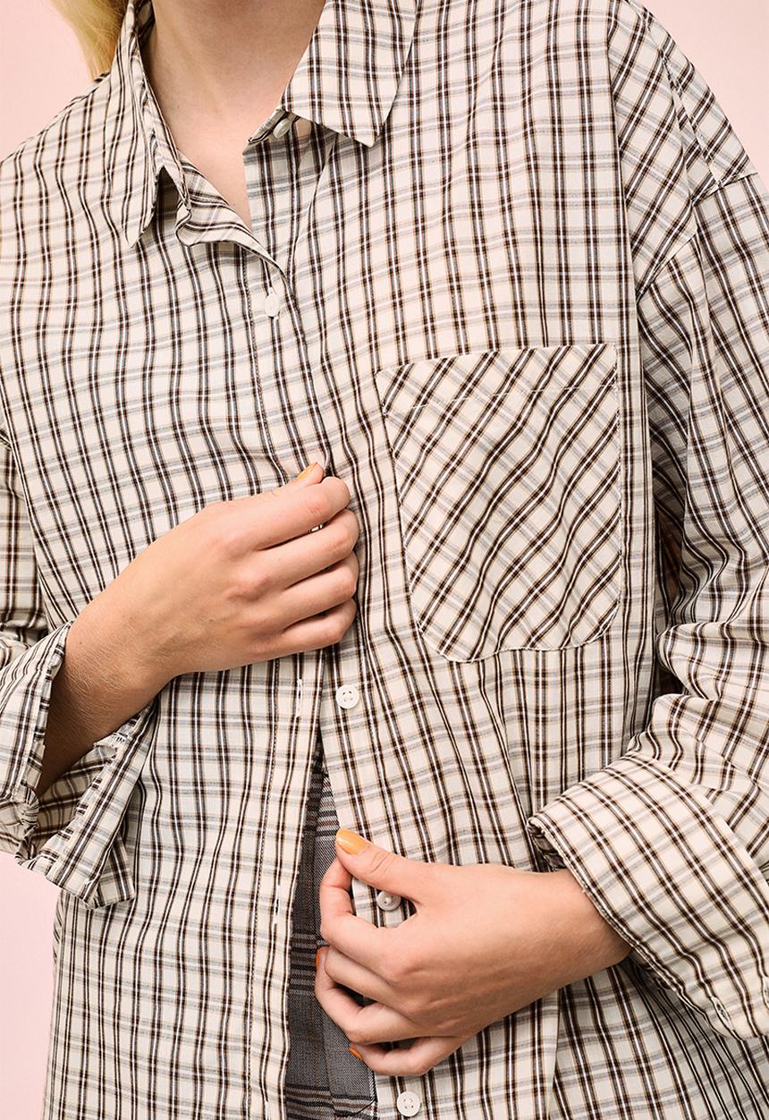 H&M - Oversized cotton shirt - light beige/checked