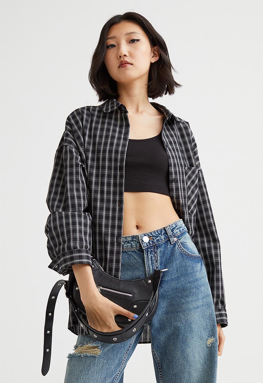 H&M - Oversized cotton shirt - black/white checked