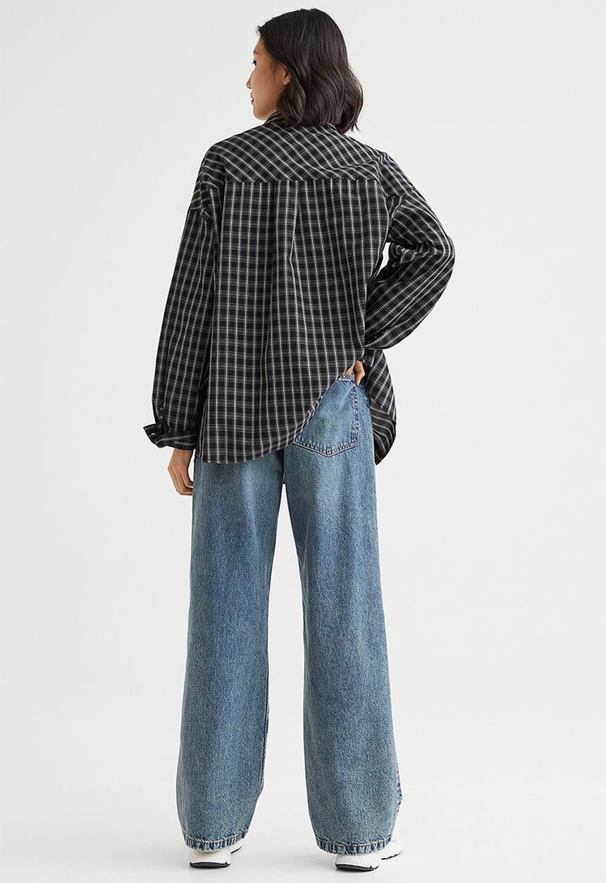 H&M - Oversized cotton shirt - black/white checked