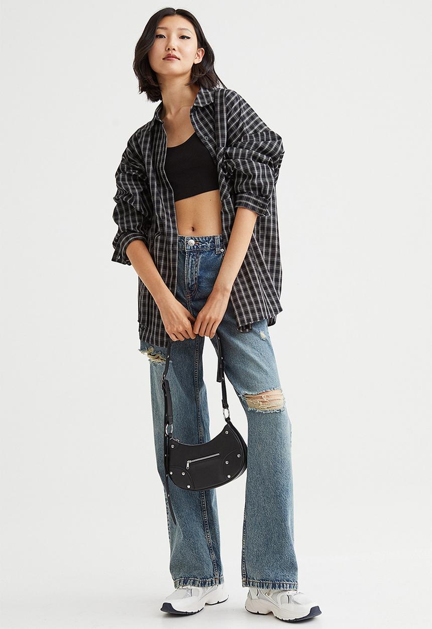 H&M - Oversized cotton shirt - black/white checked