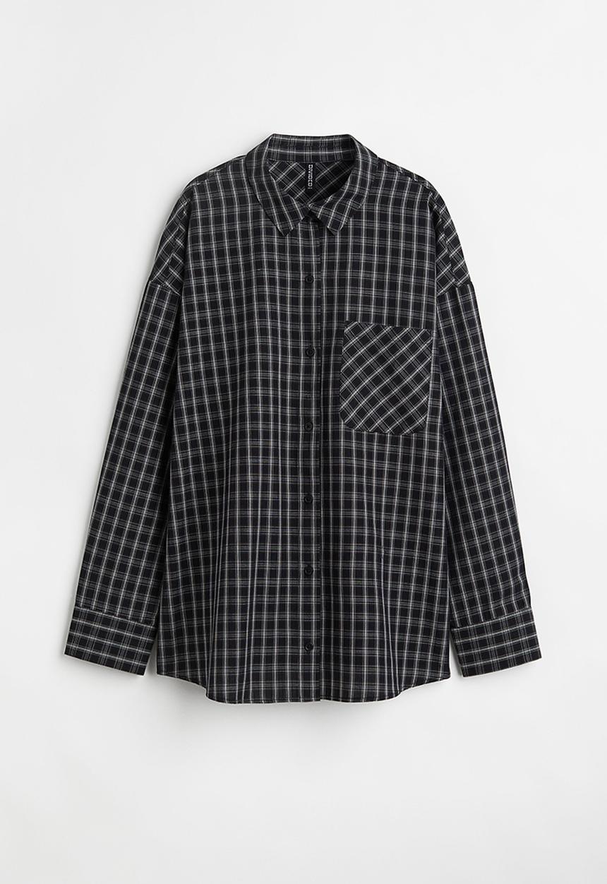 H&M - Oversized cotton shirt - black/white checked