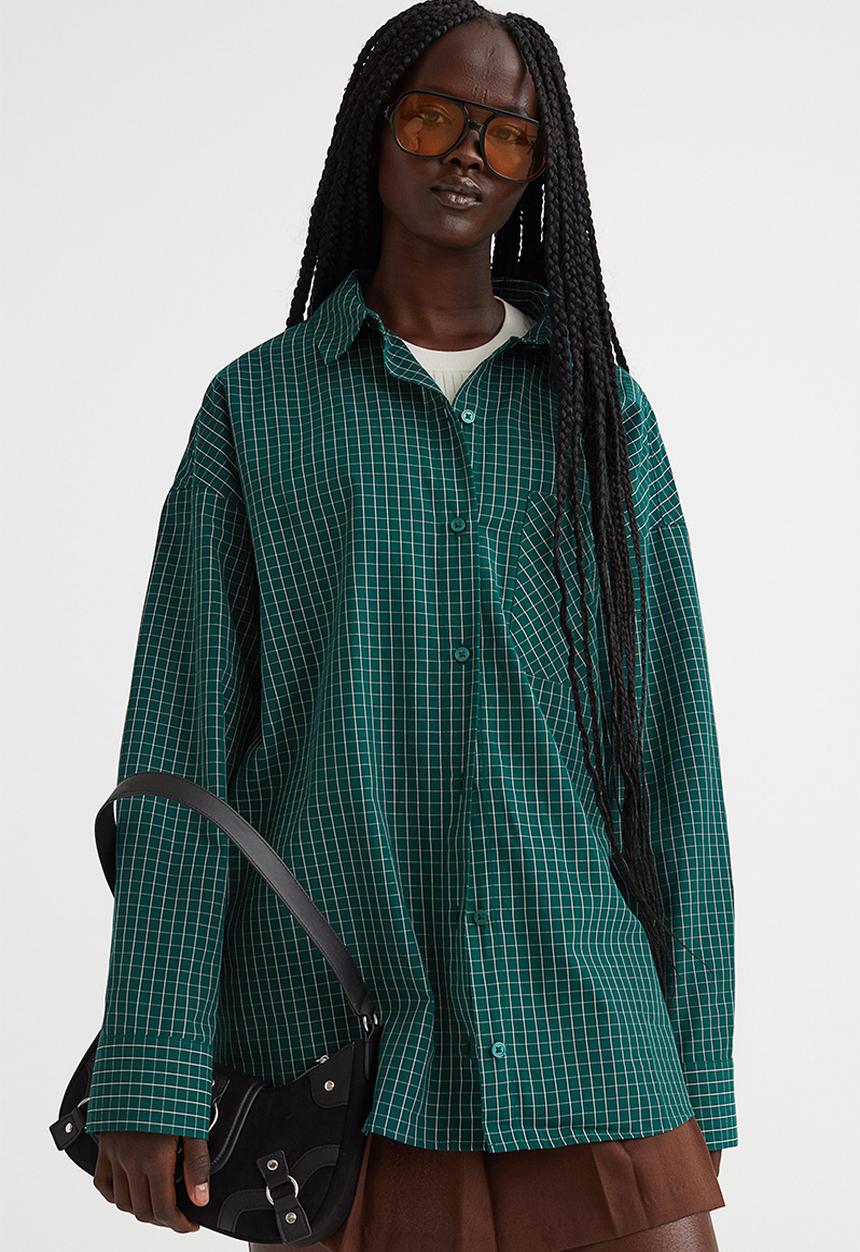 H&M - Oversized cotton shirt - dark green/checked