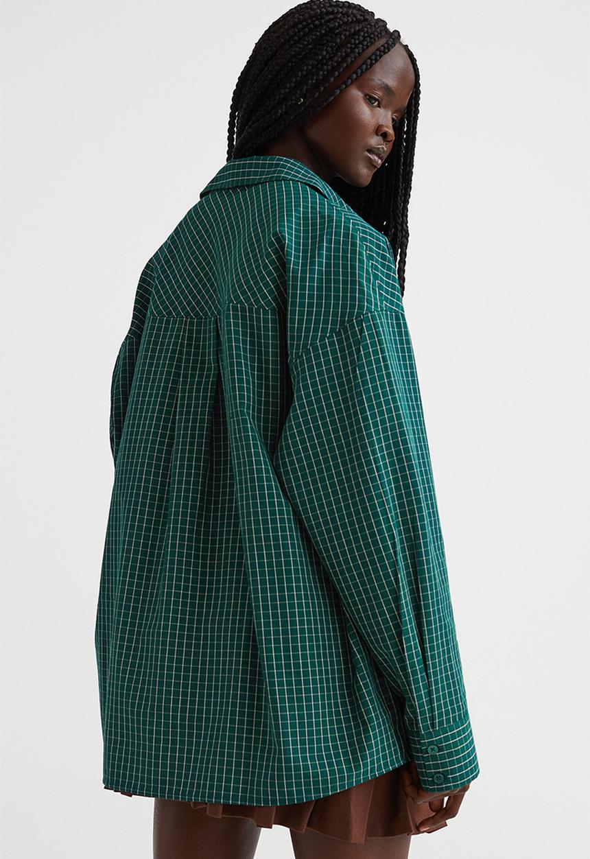 H&M - Oversized cotton shirt - dark green/checked