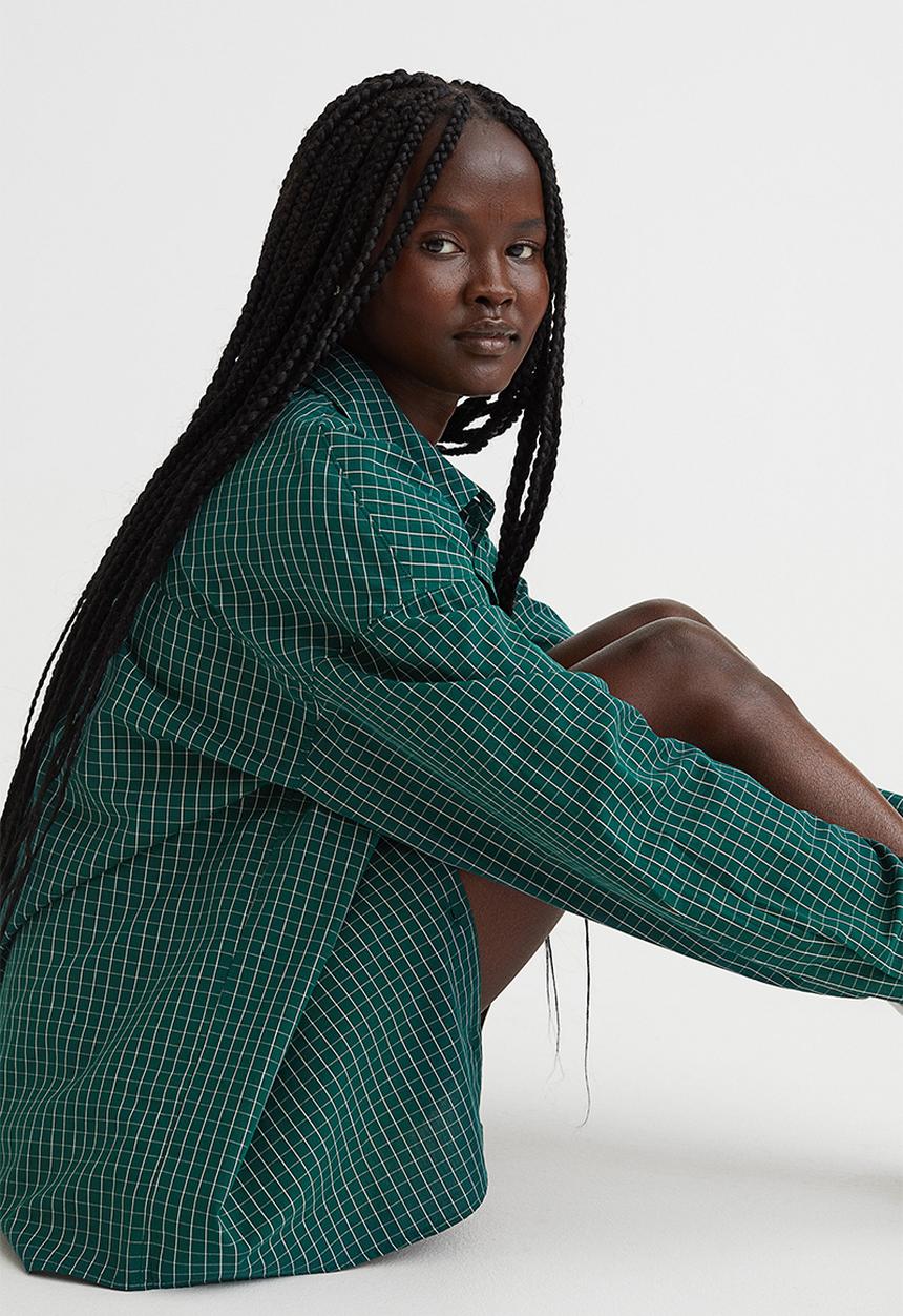 H&M - Oversized cotton shirt - dark green/checked