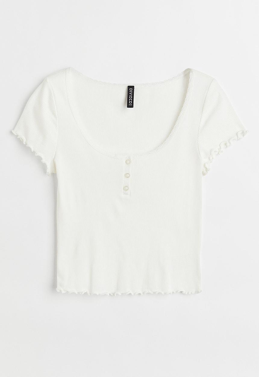 H&M - Ribbed button-placket T-shirt - white