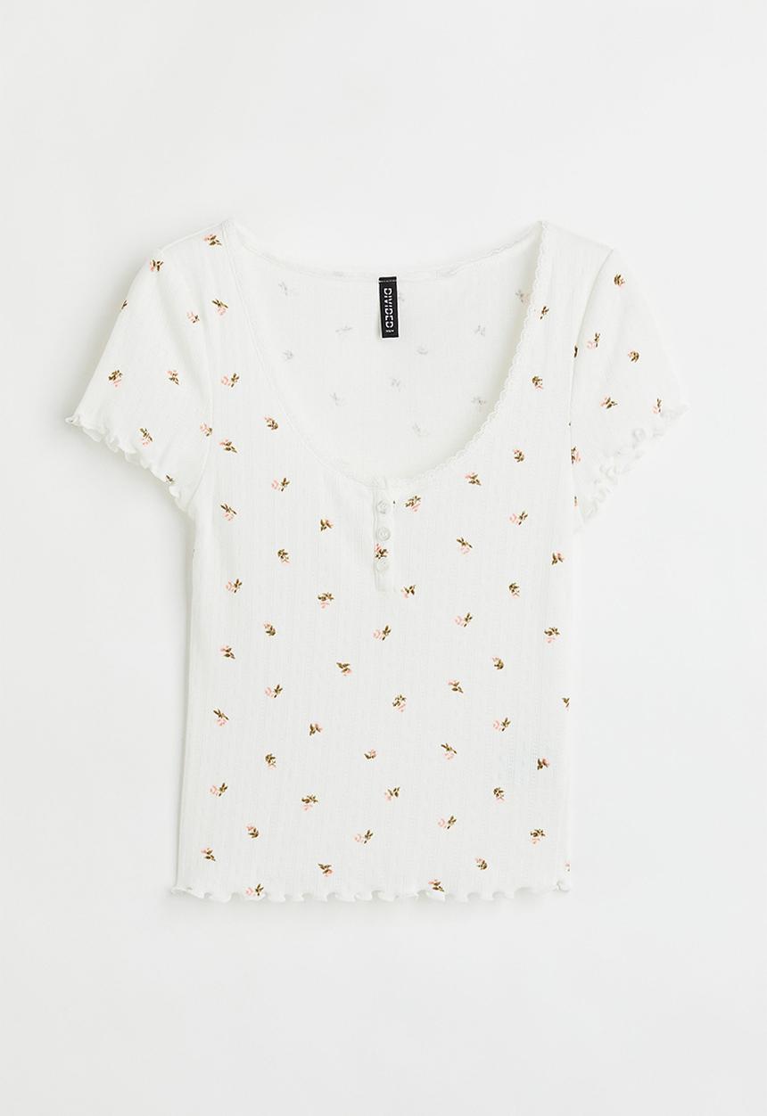 H&M - Ribbed button-placket T-shirt - white/small flowers