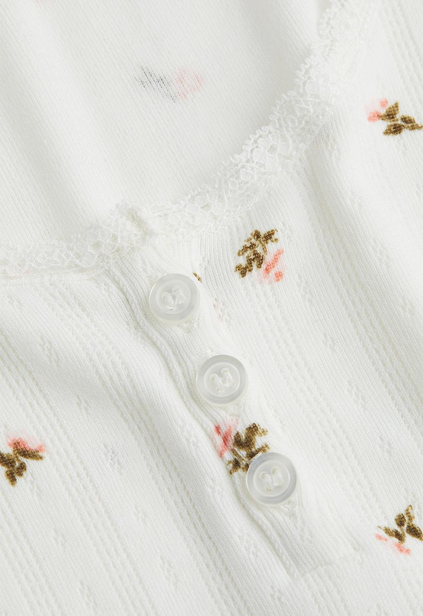 H&M - Ribbed button-placket T-shirt - white/small flowers
