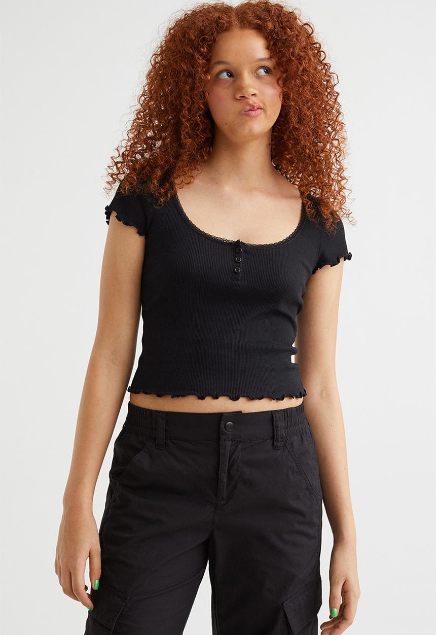 H&M - Ribbed button-placket T-shirt - black