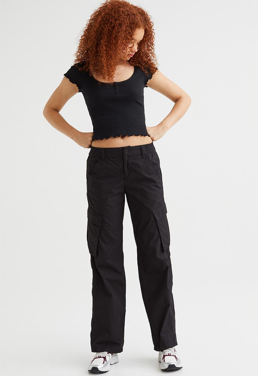 H&M - Ribbed button-placket T-shirt - black