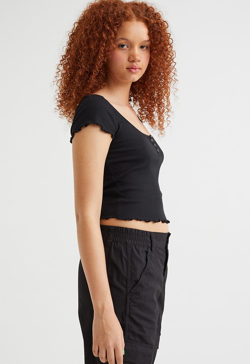 H&M - Ribbed button-placket T-shirt - black