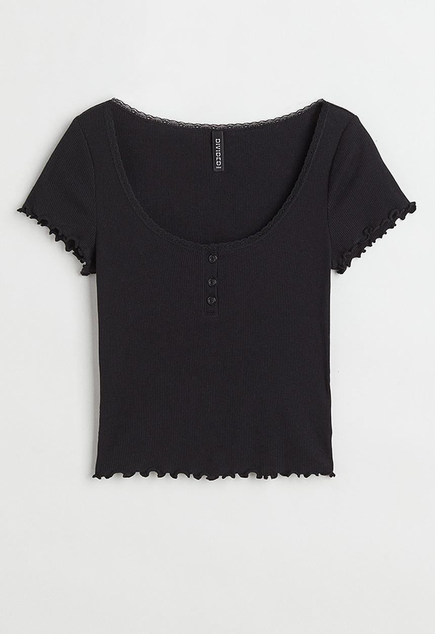H&M - Ribbed button-placket T-shirt - black