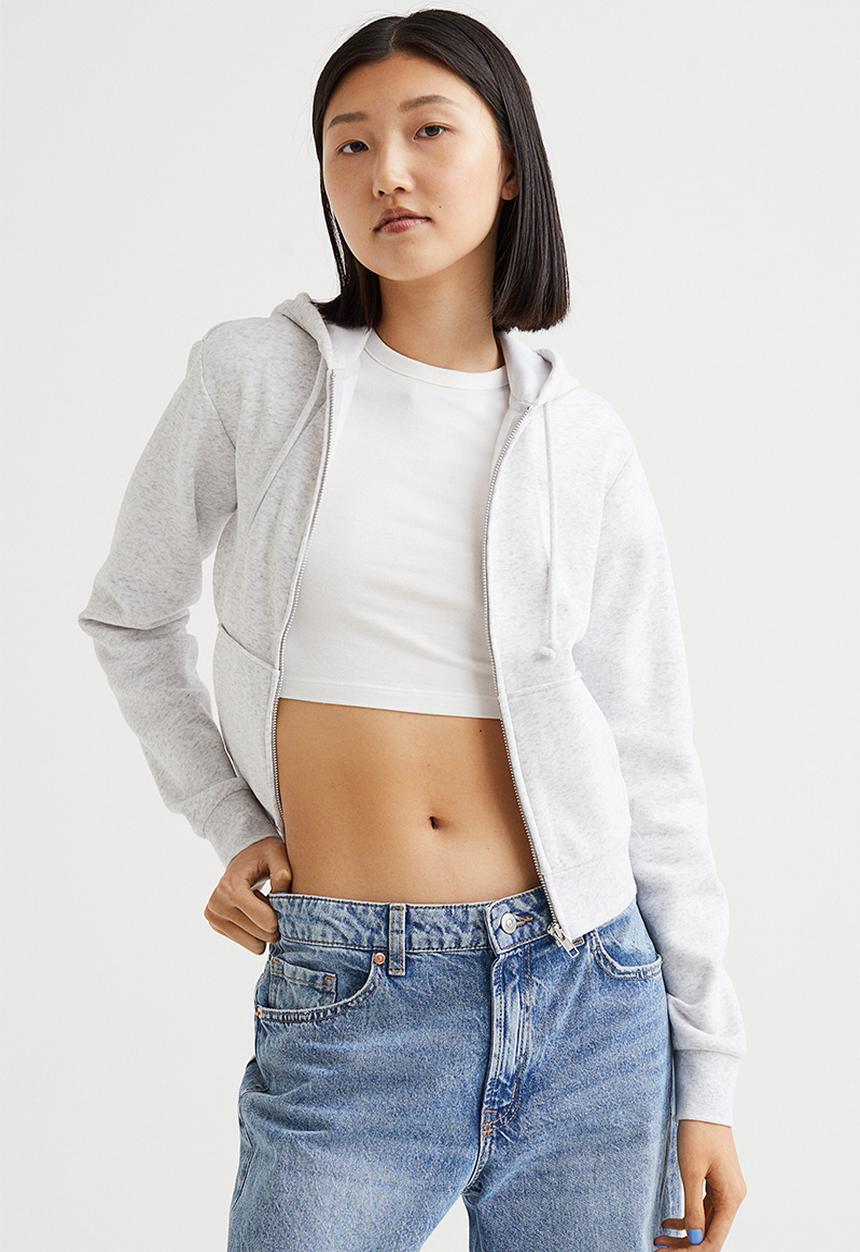 H&M - Cropped zip-through hoodie - light grey marl 