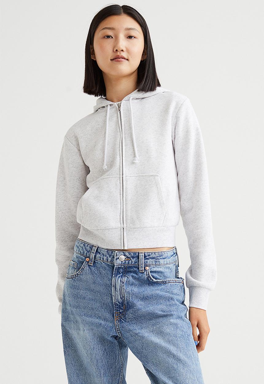H&M - Cropped zip-through hoodie - light grey marl 