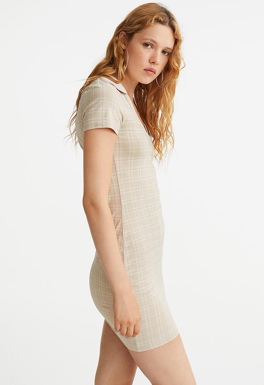 H&M - Collared bodycon dress - light beige/checked