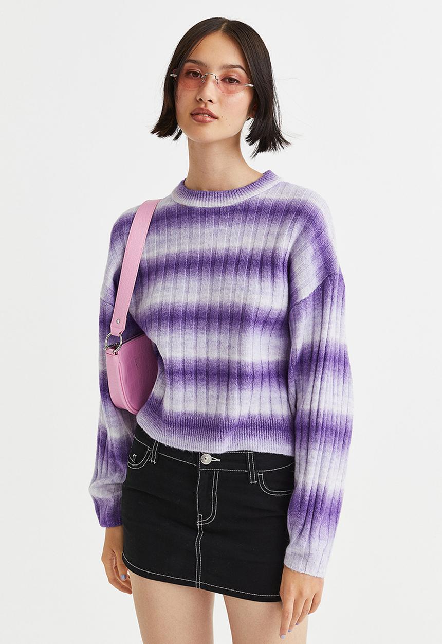H&M - Rib-knit jumper - light purple/striped