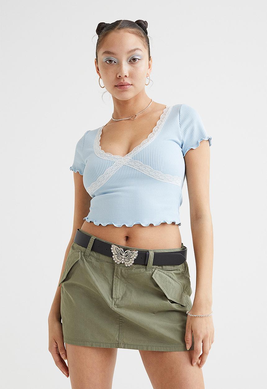 H&M - Lace-trim ribbed cropped top - light blue