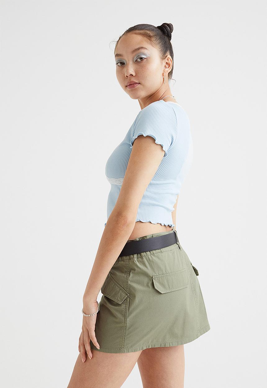 H&M - Lace-trim ribbed cropped top - light blue