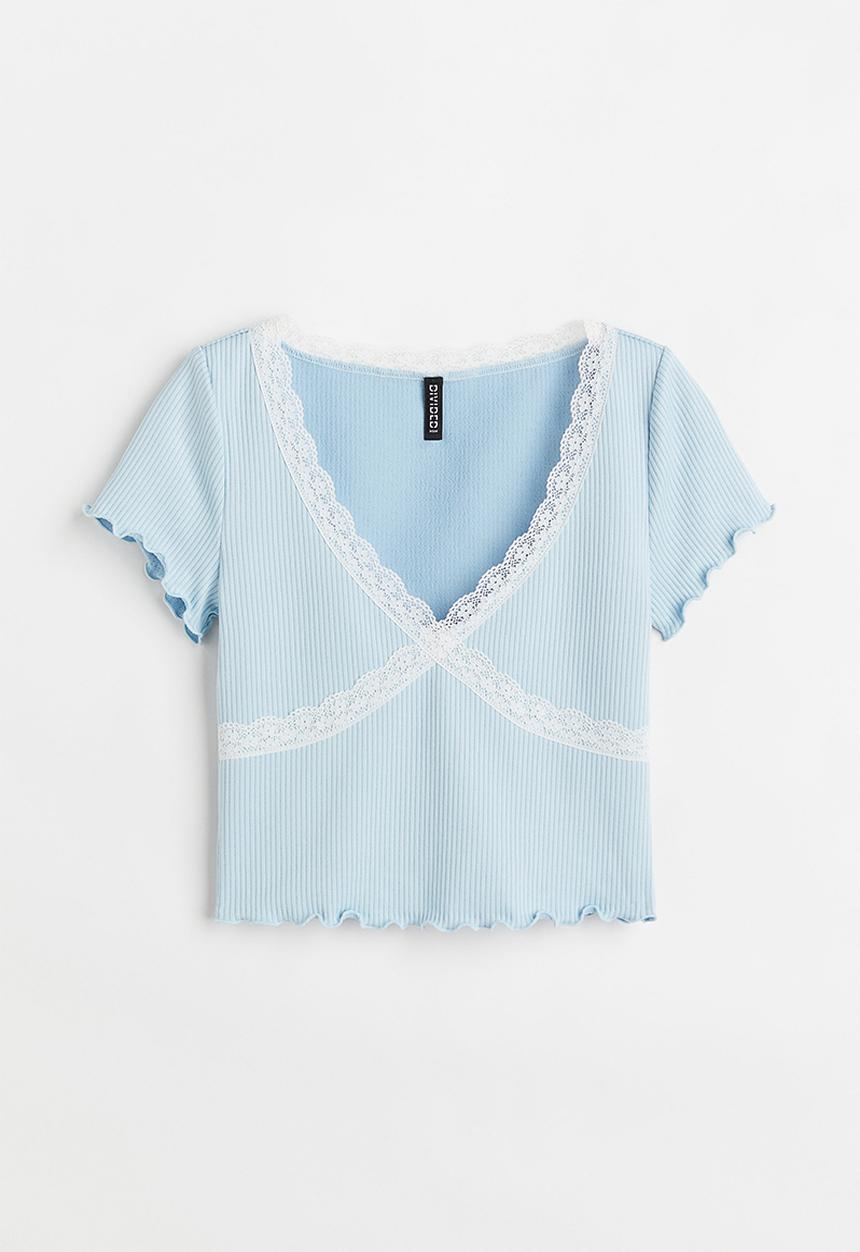 H&M - Lace-trim ribbed cropped top - light blue