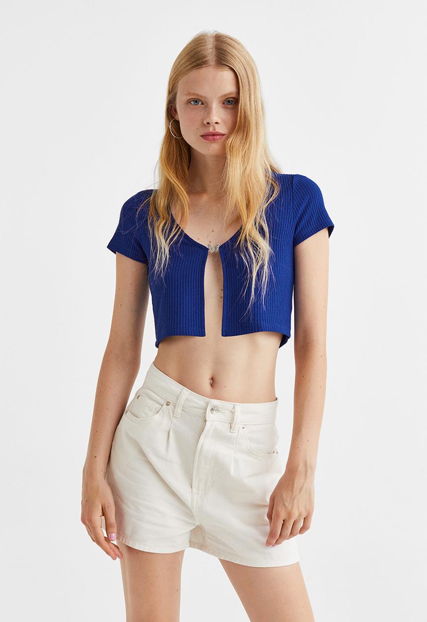 H&M - Butterfly-detail ribbed top - bright blue