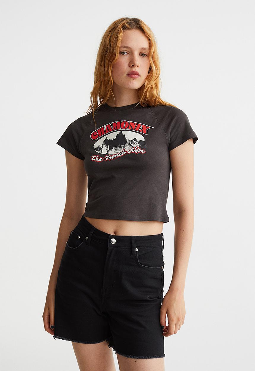 H&M - Cropped printed top - black/chamonix
