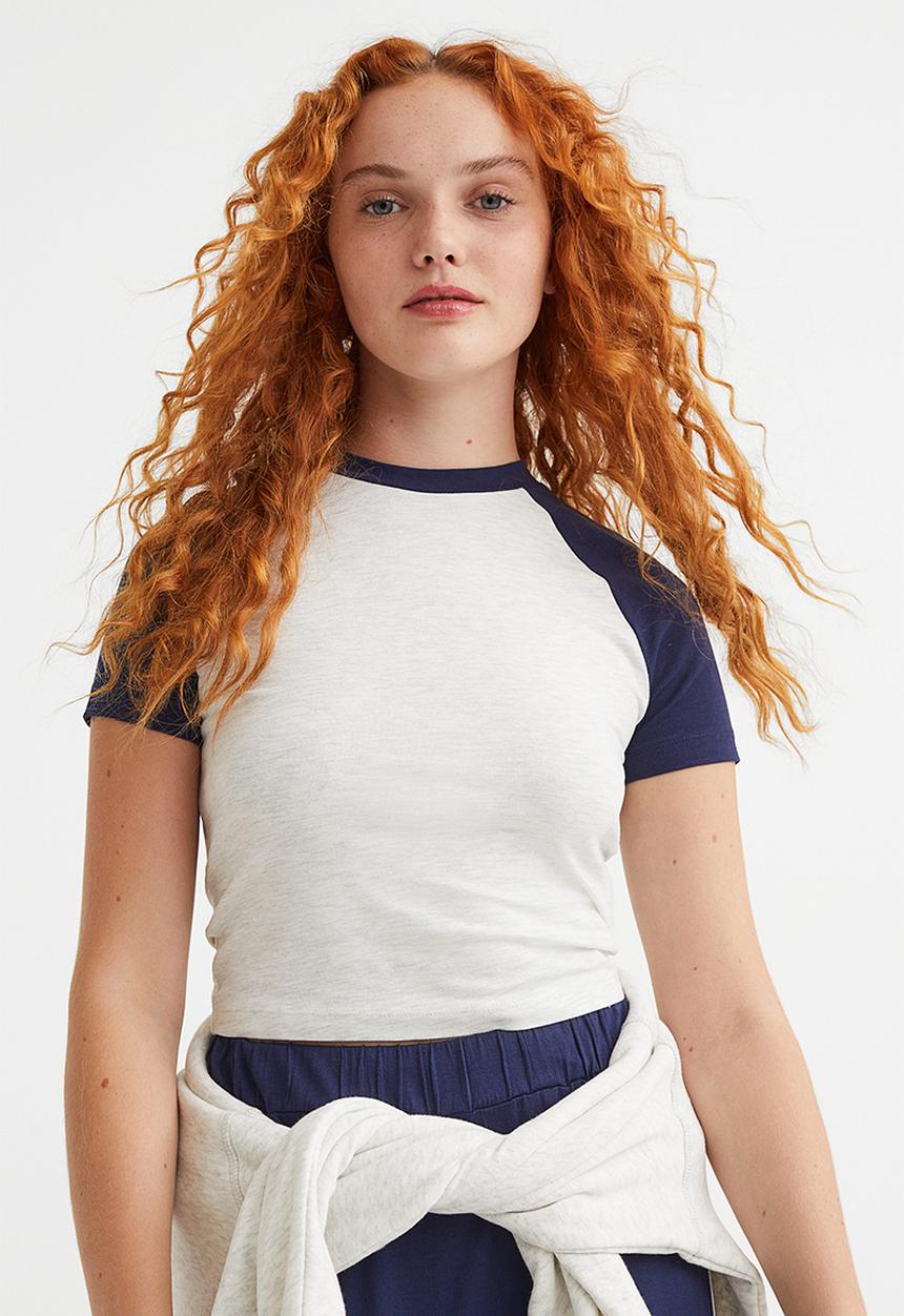 H&M - Cropped T-shirt - light grey marl/dark blue