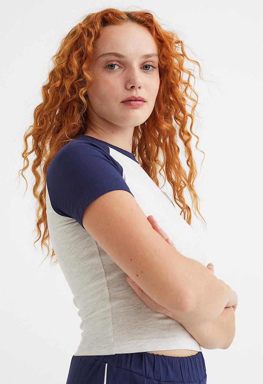 H&M - Cropped T-shirt - light grey marl/dark blue