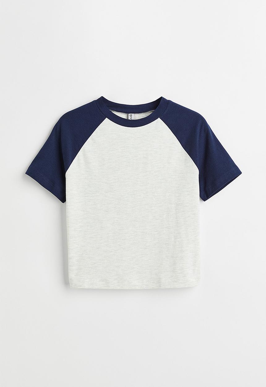 H&M - Cropped T-shirt - light grey marl/dark blue