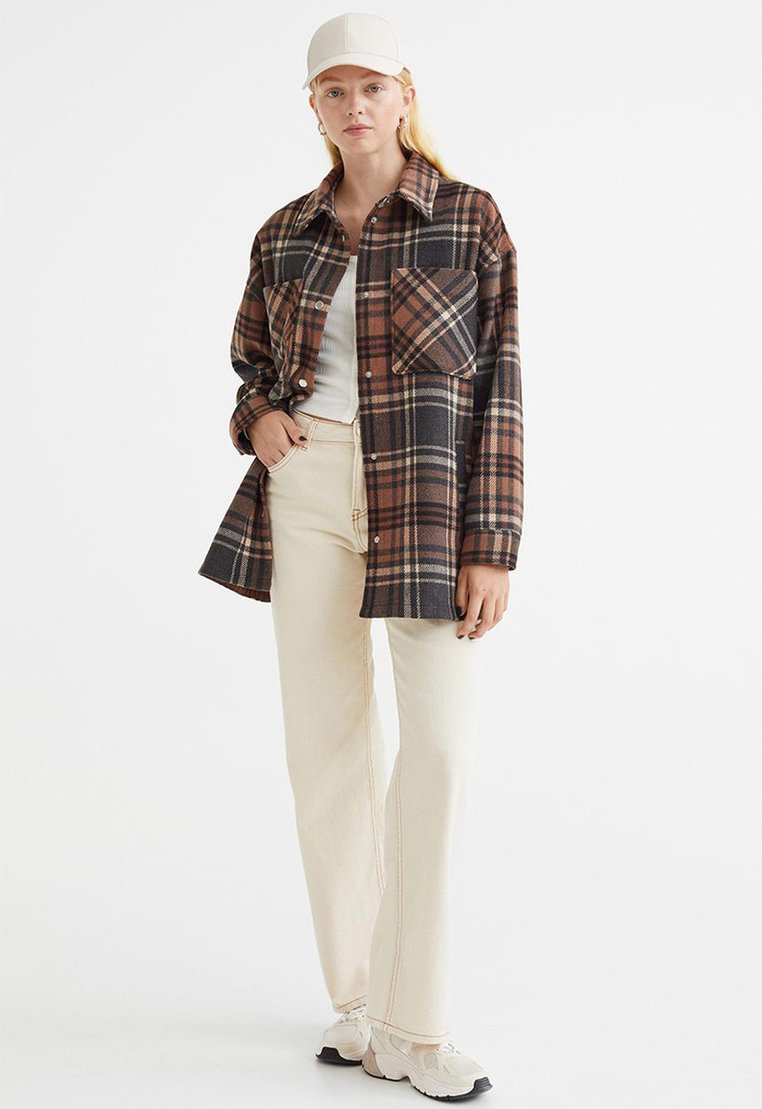 H&M - Jacquard-weave shacket - brown/checked