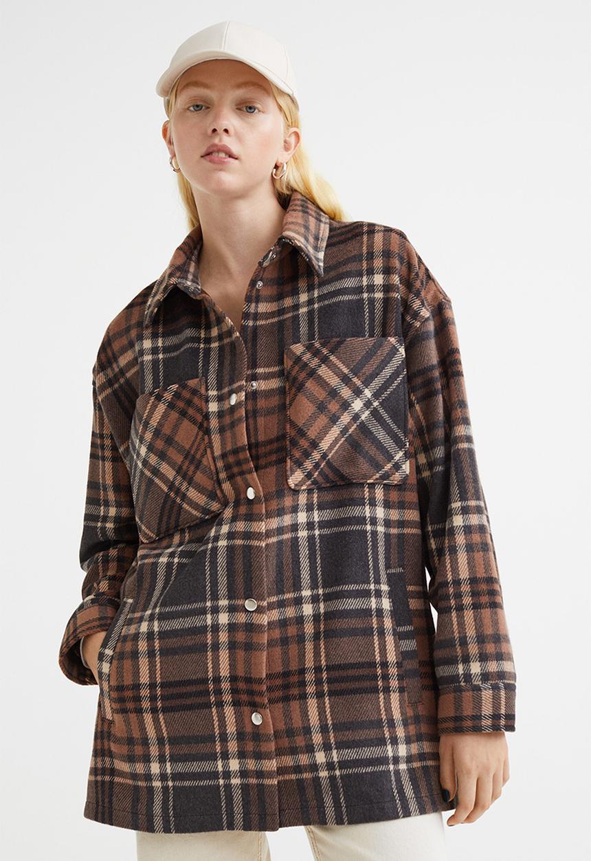 H&M - Jacquard-weave shacket - brown/checked