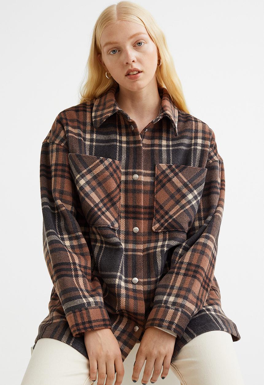 H&M - Jacquard-weave shacket - brown/checked
