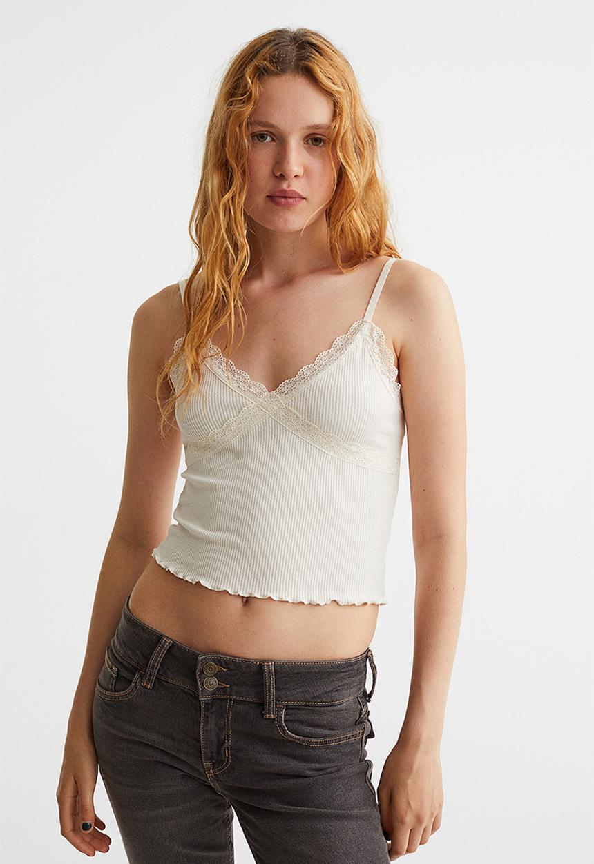 H&M - Lace-trimmed ribbed top - cream