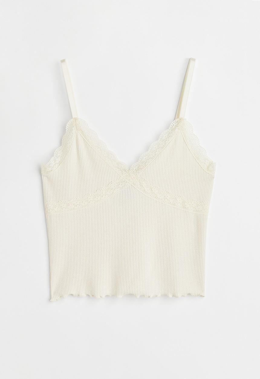 H&M - Lace-trimmed ribbed top - cream
