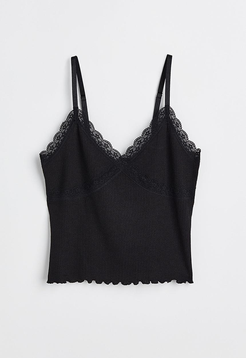 H&M - Lace-trimmed ribbed top - black