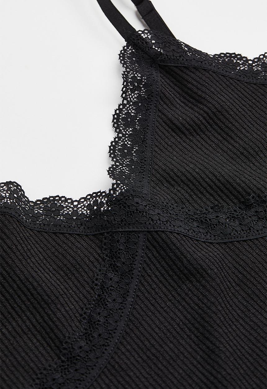 H&M - Lace-trimmed ribbed top - black