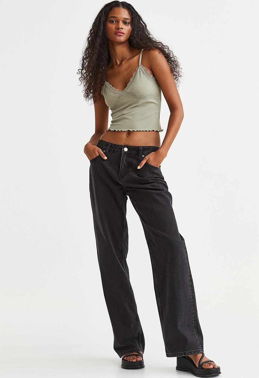 H&M - Lace-trimmed ribbed top - light khaki green