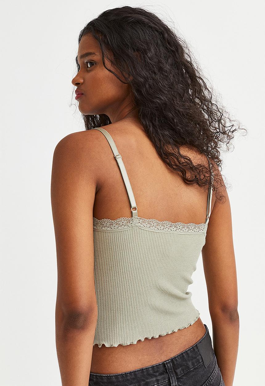 H&M - Lace-trimmed ribbed top - light khaki green