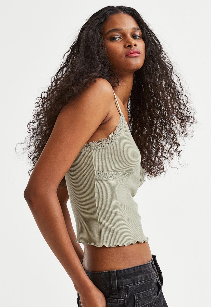 H&M - Lace-trimmed ribbed top - light khaki green