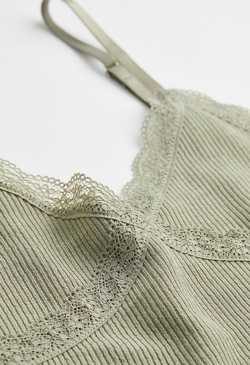 H&M - Lace-trimmed ribbed top - light khaki green