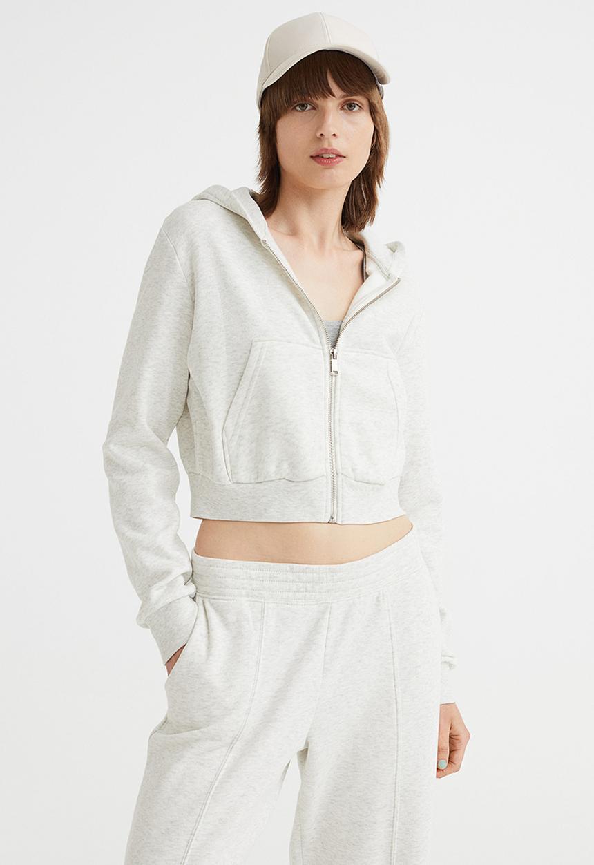 H&M - Cropped zip-through hoodie - light grey marl