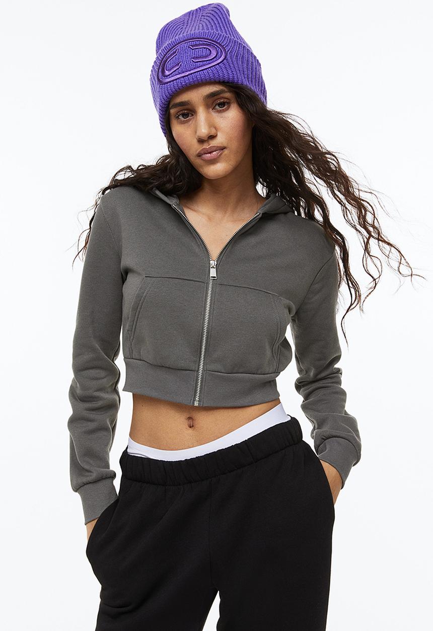 H&M - Cropped zip-through hoodie - dark grey