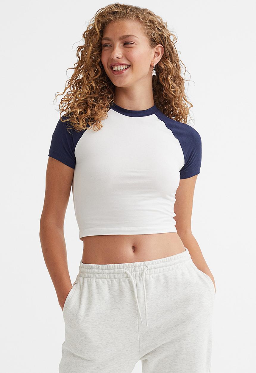 H&M - Cropped t-shirt - white/dark blue